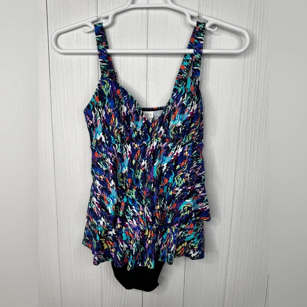 Swim Solutions Womens Printed Tiered Fauxkini One-Piece Swimsuit - Picture 2 of 10